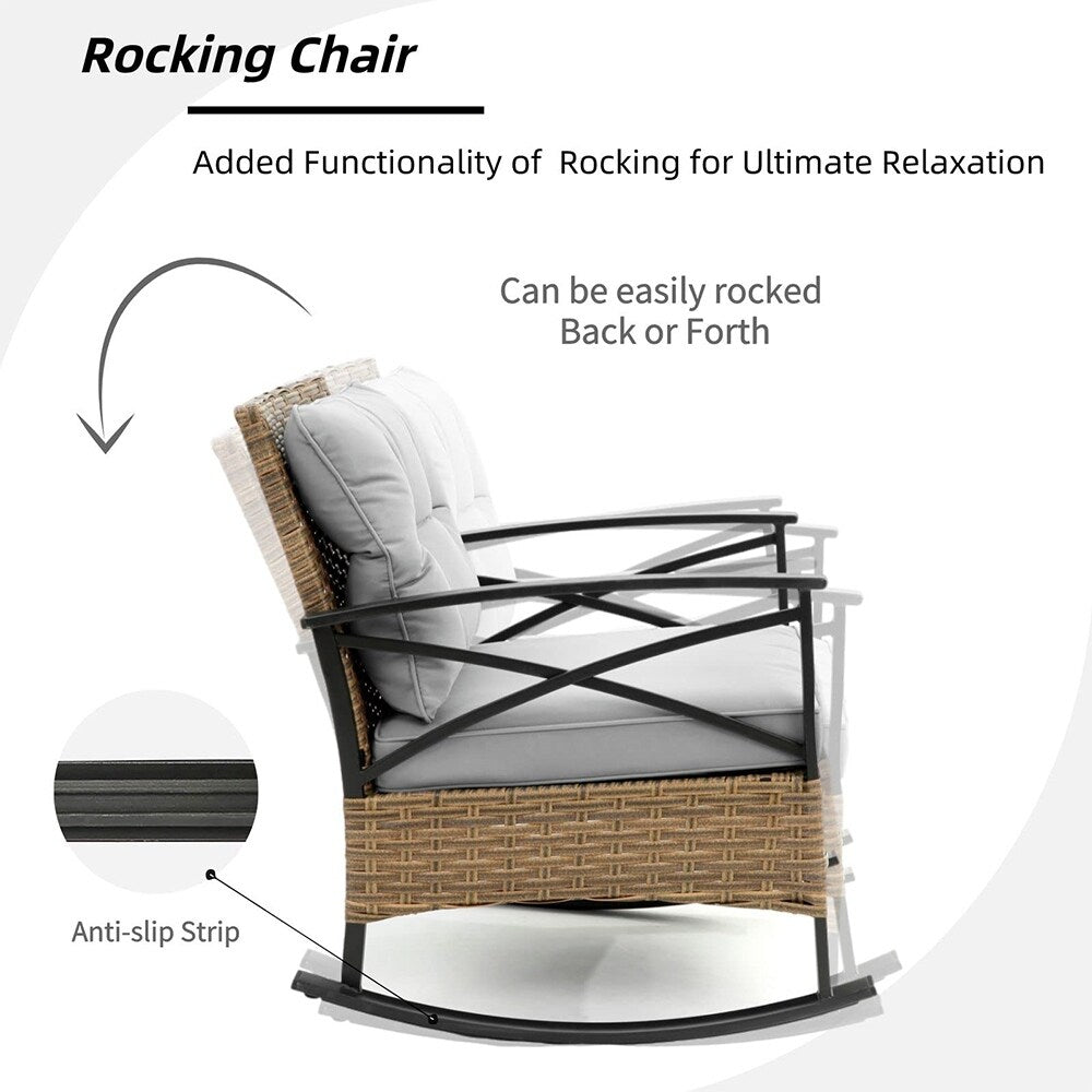 Set da 3 pezzi in rattan per patio, set da bistrot per esterni con cuscini - 1 tavolo, 2 sedie a dondolo