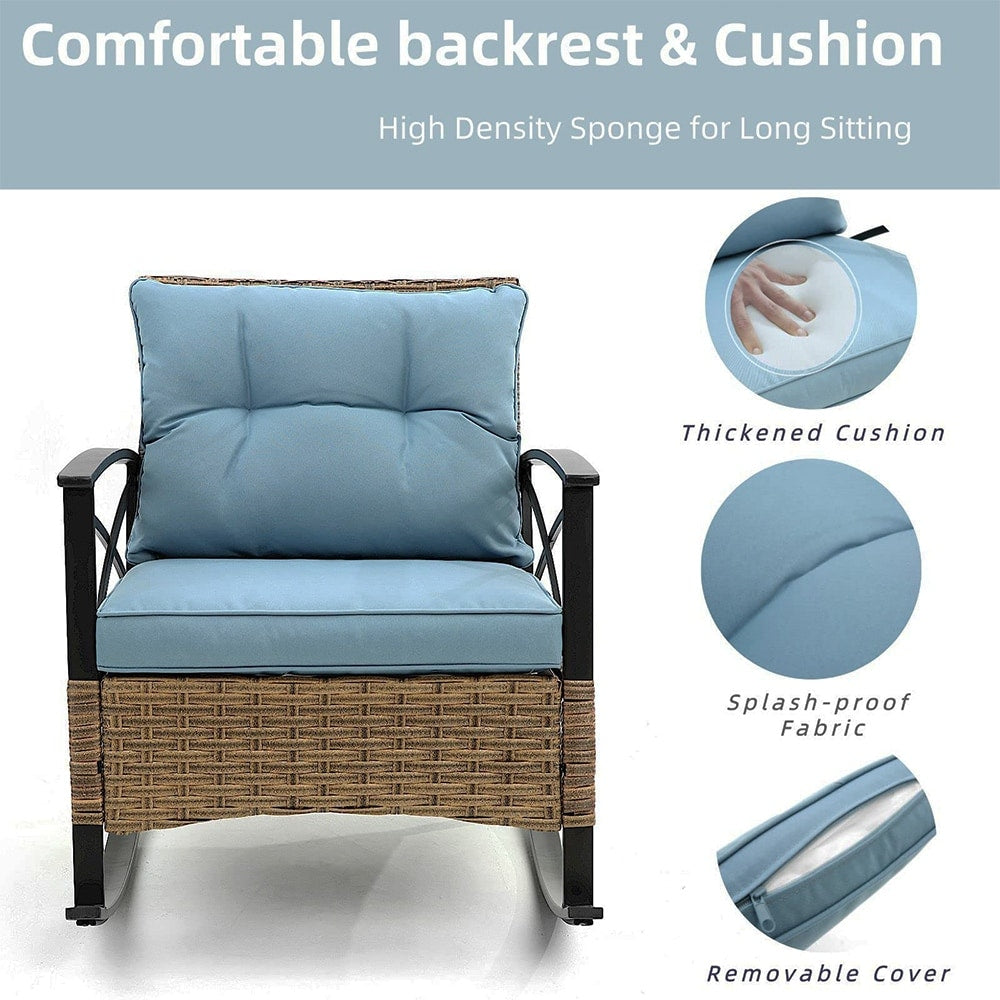 Set da 3 pezzi in rattan per patio, set da bistrot per esterni con cuscini - 1 tavolo, 2 sedie a dondolo