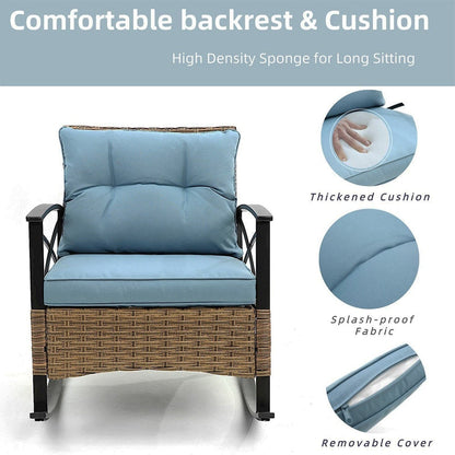 Set da 3 pezzi in rattan per patio, set da bistrot per esterni con cuscini - 1 tavolo, 2 sedie a dondolo