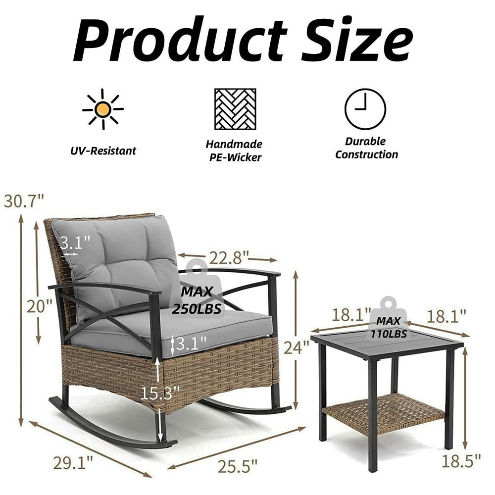 Set da 3 pezzi in rattan per patio, set da bistrot per esterni con cuscini - 1 tavolo, 2 sedie a dondolo