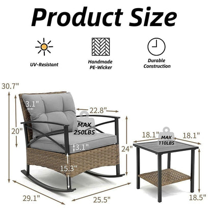 Set da 3 pezzi in rattan per patio, set da bistrot per esterni con cuscini - 1 tavolo, 2 sedie a dondolo