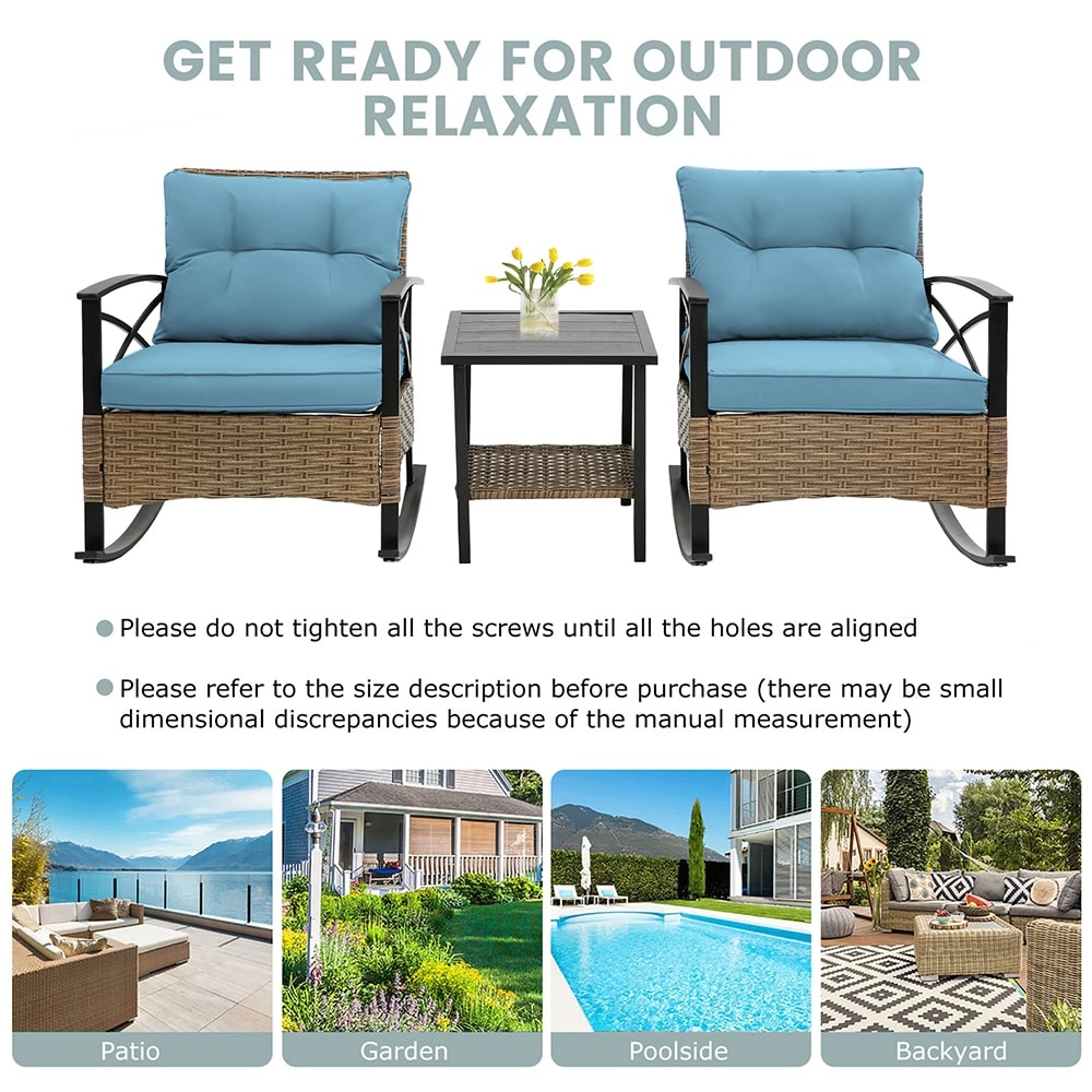 Set da 3 pezzi in rattan per patio, set da bistrot per esterni con cuscini - 1 tavolo, 2 sedie a dondolo