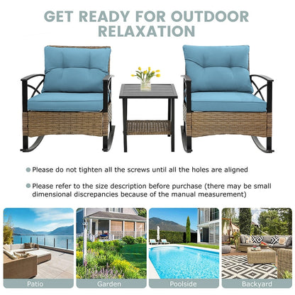 Set da 3 pezzi in rattan per patio, set da bistrot per esterni con cuscini - 1 tavolo, 2 sedie a dondolo