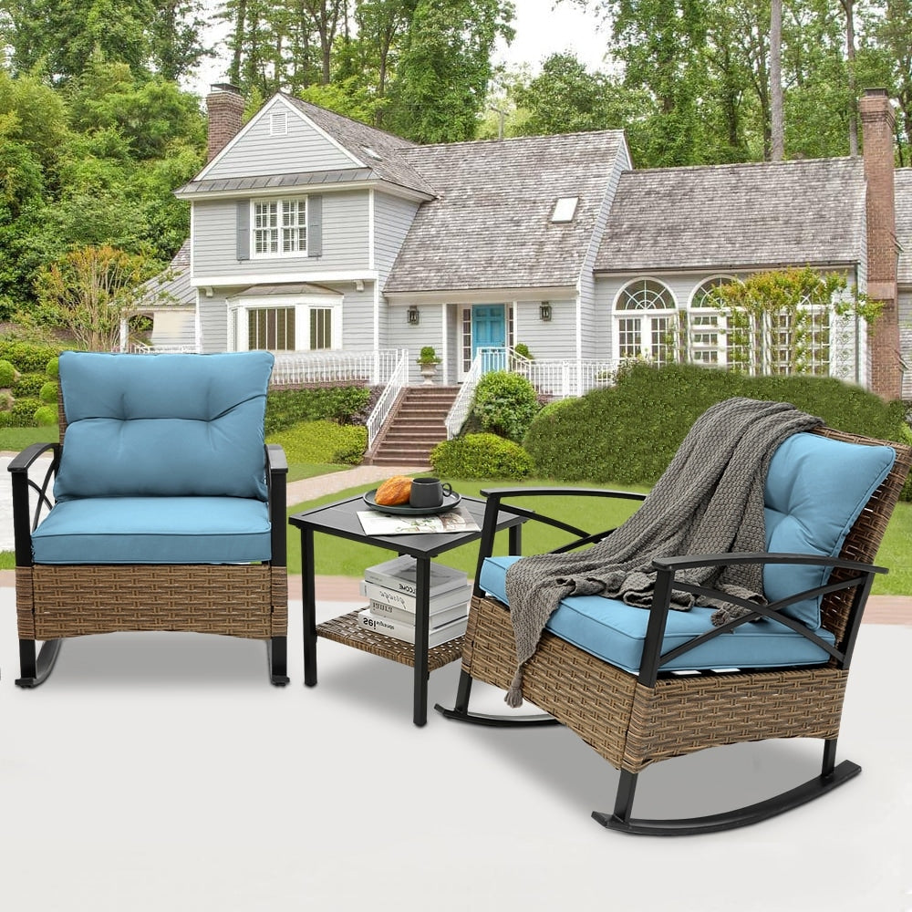 Set da 3 pezzi in rattan per patio, set da bistrot per esterni con cuscini - 1 tavolo, 2 sedie a dondolo