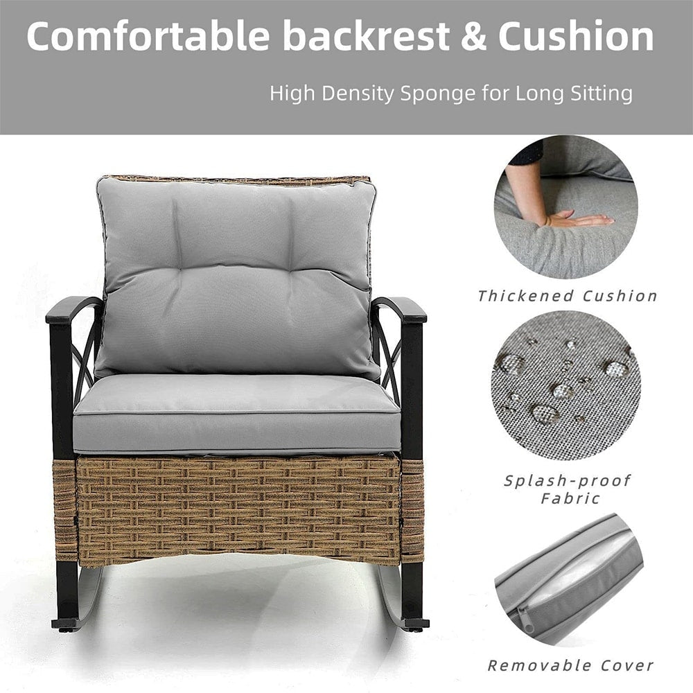 Set da 3 pezzi in rattan per patio, set da bistrot per esterni con cuscini - 1 tavolo, 2 sedie a dondolo