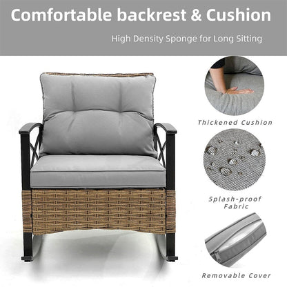 Set da 3 pezzi in rattan per patio, set da bistrot per esterni con cuscini - 1 tavolo, 2 sedie a dondolo