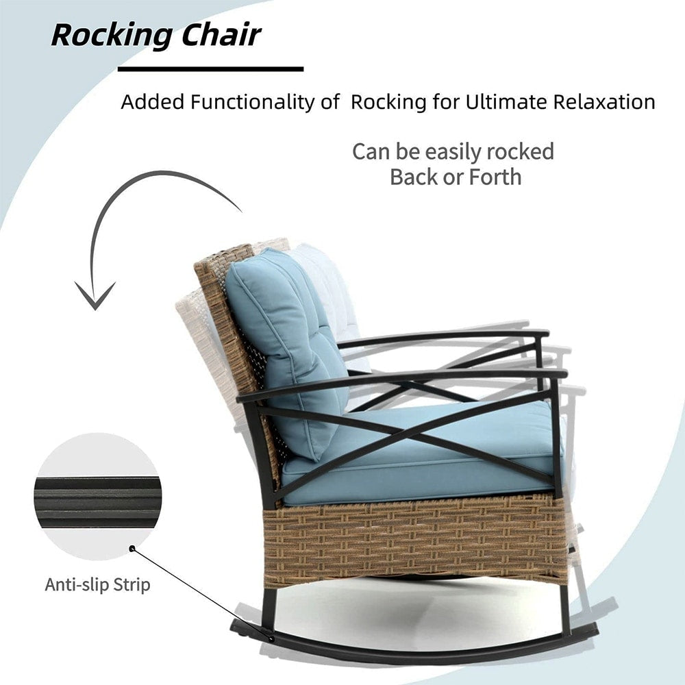 Set da 3 pezzi in rattan per patio, set da bistrot per esterni con cuscini - 1 tavolo, 2 sedie a dondolo