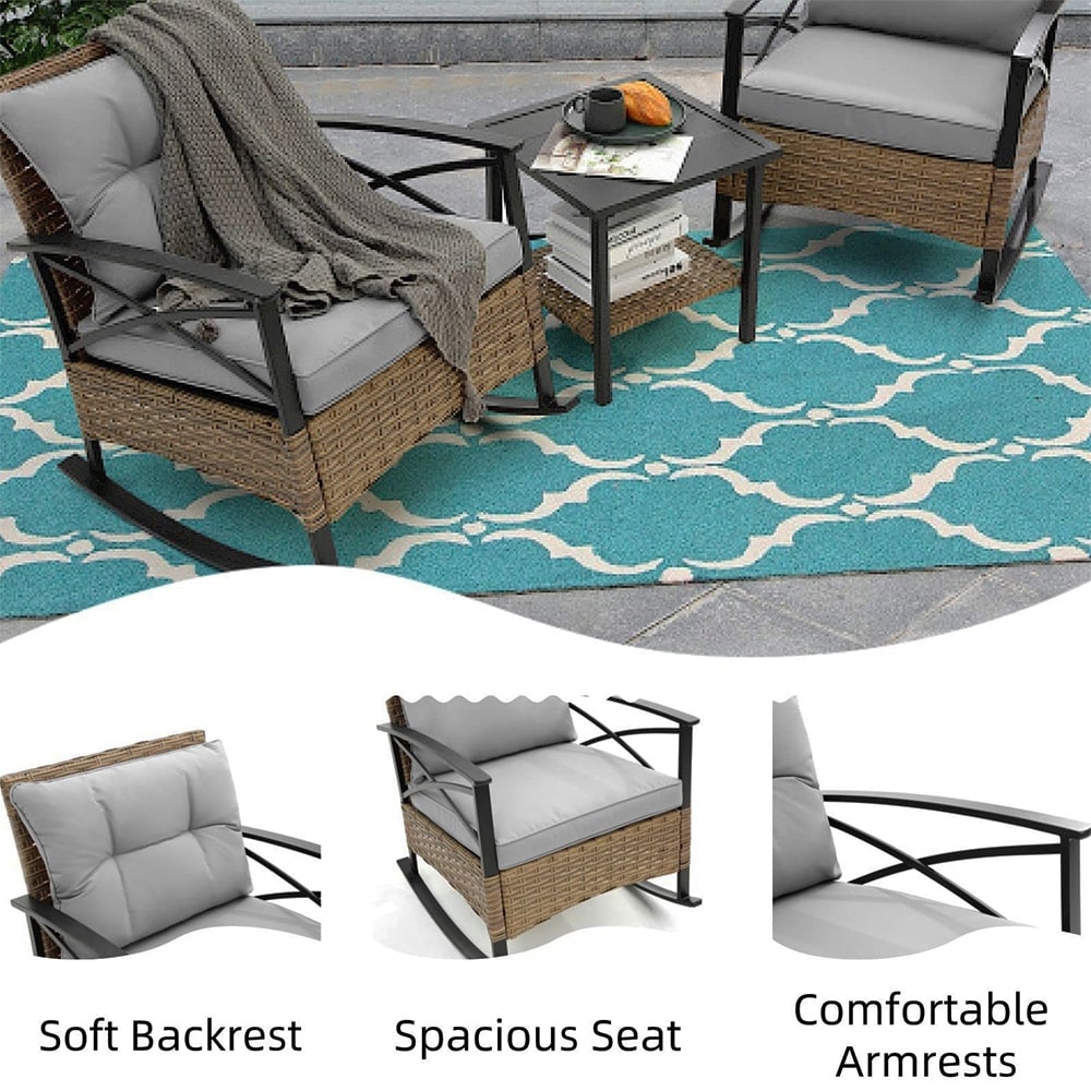 Set da 3 pezzi in rattan per patio, set da bistrot per esterni con cuscini - 1 tavolo, 2 sedie a dondolo