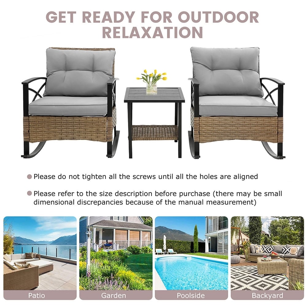 Set da 3 pezzi in rattan per patio, set da bistrot per esterni con cuscini - 1 tavolo, 2 sedie a dondolo