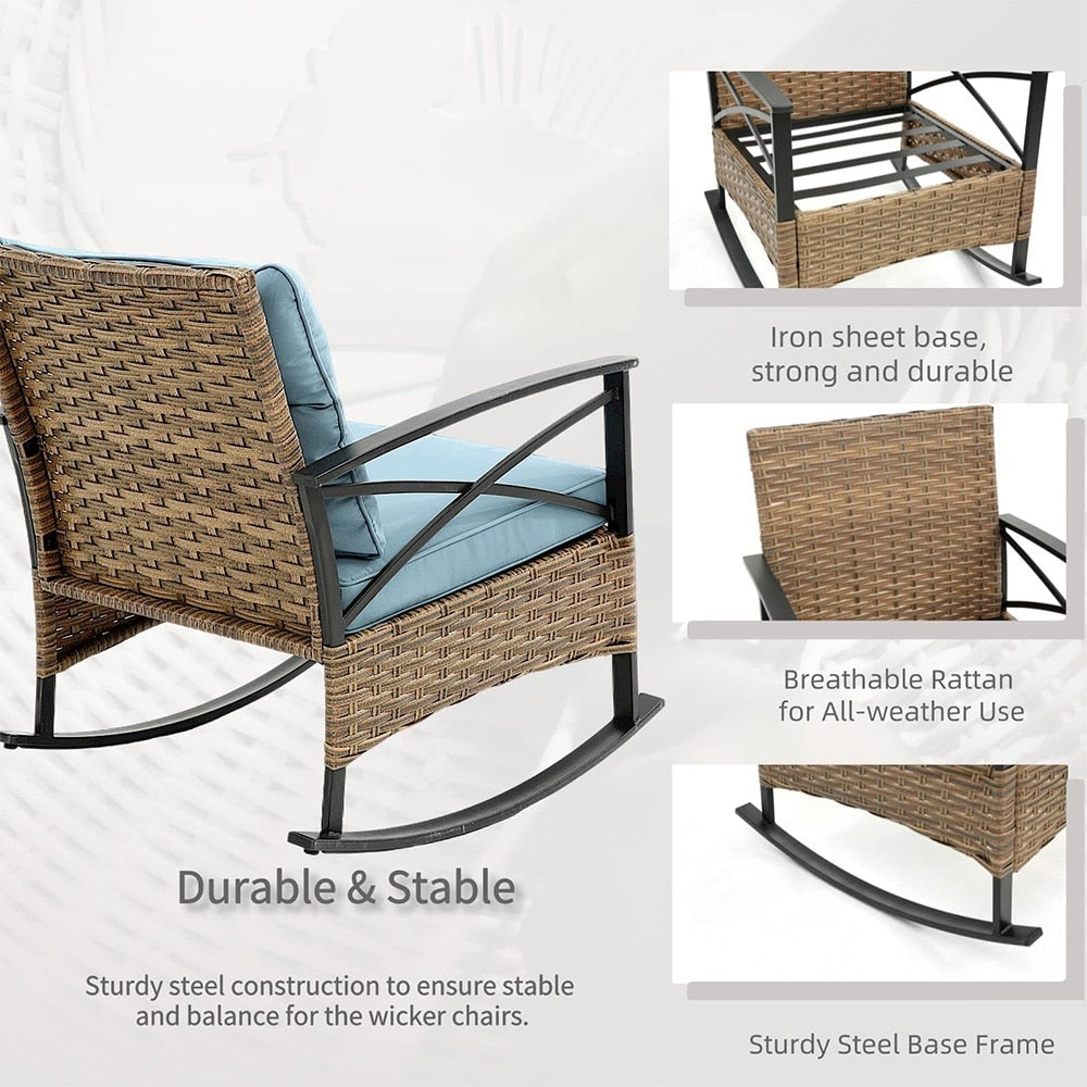 Set da 3 pezzi in rattan per patio, set da bistrot per esterni con cuscini - 1 tavolo, 2 sedie a dondolo