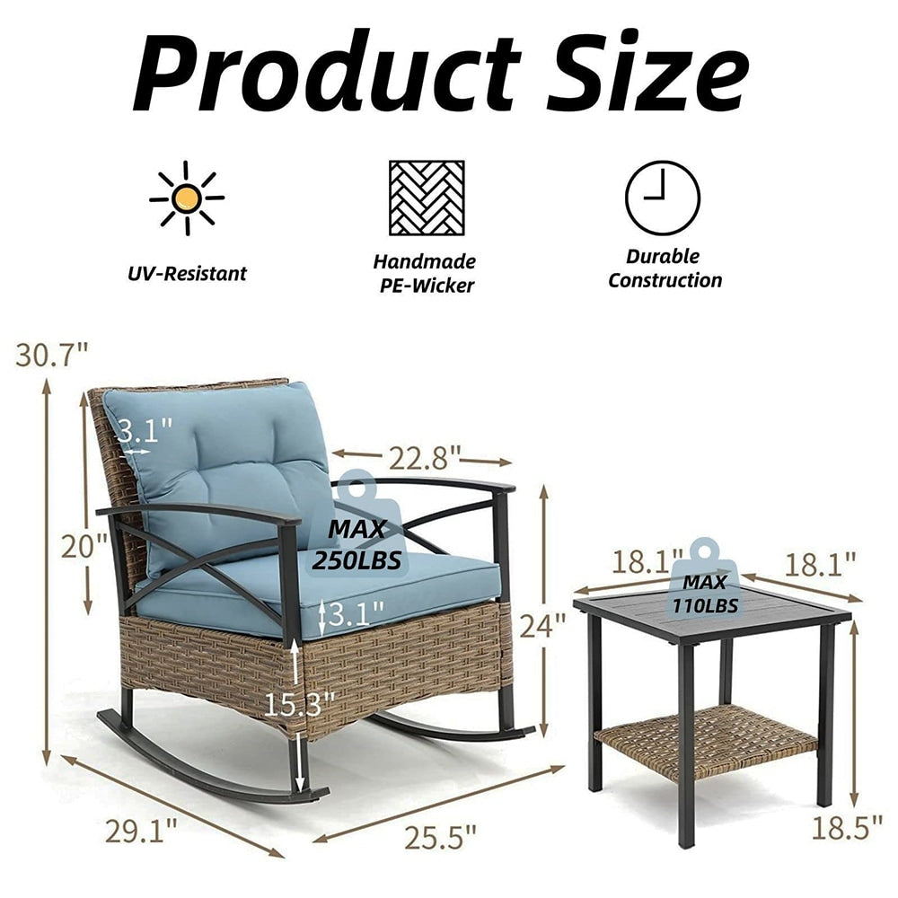 Set da 3 pezzi in rattan per patio, set da bistrot per esterni con cuscini - 1 tavolo, 2 sedie a dondolo