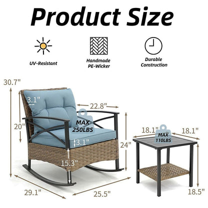 Set da 3 pezzi in rattan per patio, set da bistrot per esterni con cuscini - 1 tavolo, 2 sedie a dondolo