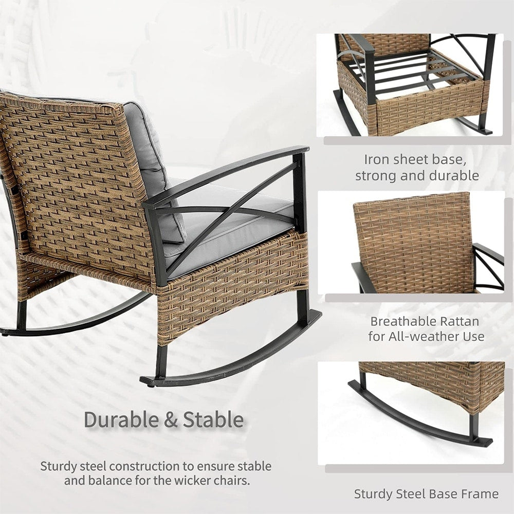 Set da 3 pezzi in rattan per patio, set da bistrot per esterni con cuscini - 1 tavolo, 2 sedie a dondolo