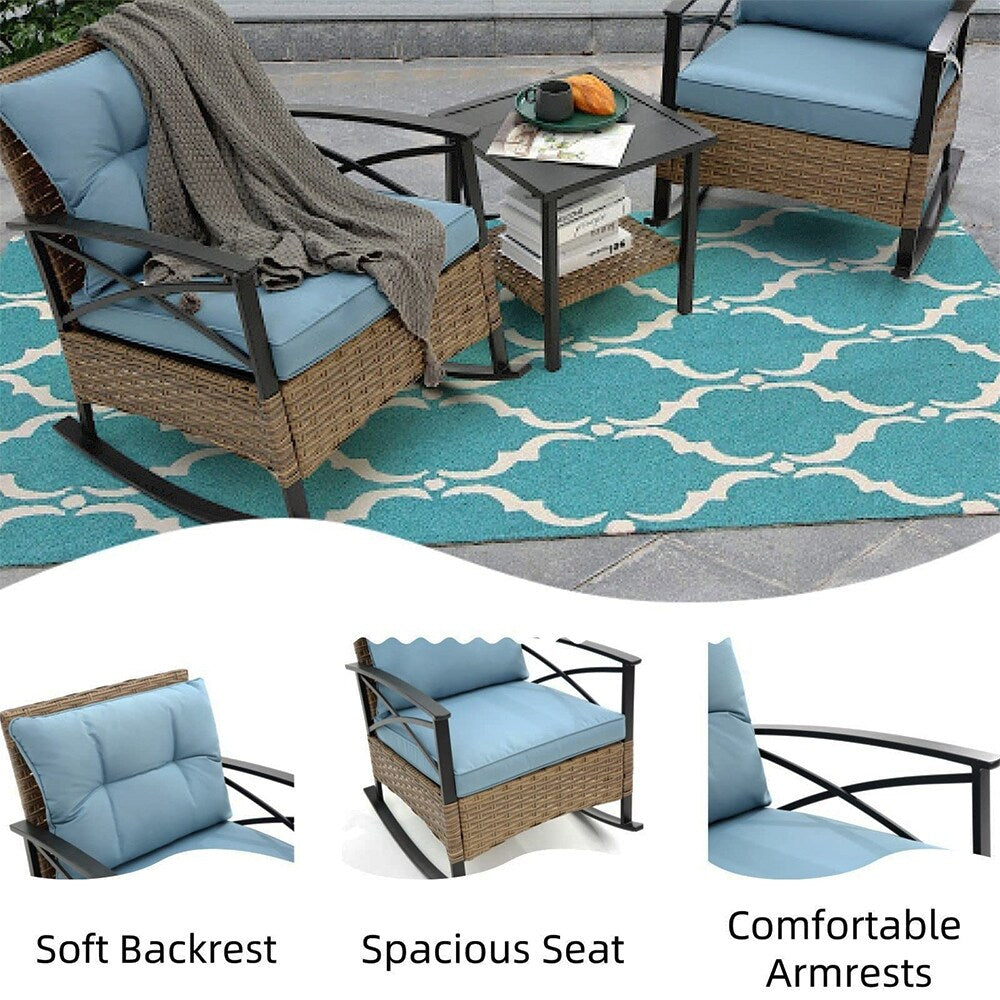 Set da 3 pezzi in rattan per patio, set da bistrot per esterni con cuscini - 1 tavolo, 2 sedie a dondolo