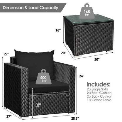 Set di mobili da giardino in vimini da 3 pezzi con cuscino - 28,5 x 27,5 x 27 (L x P x A)