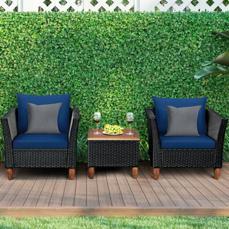 Set di mobili da giardino in vimini da 3 pezzi con cuscino - 28,5 x 27,5 x 27 (L x P x A)
