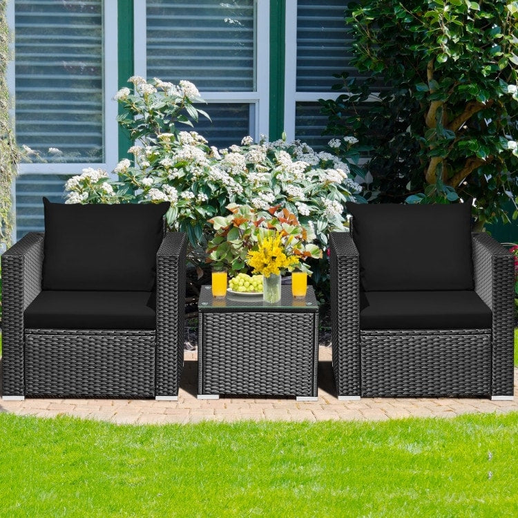 Set di mobili da giardino in vimini da 3 pezzi con cuscino - 28,5 x 27,5 x 27 (L x P x A)