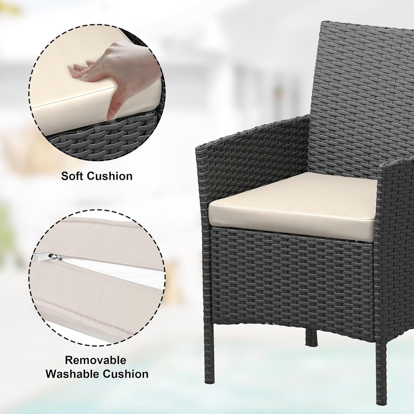 Set di 3 sedie in vimini e rattan con tavolino in vetro