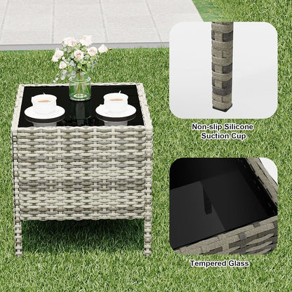 Set di 3 sedie in vimini e rattan con tavolino in vetro