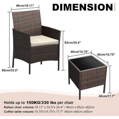 Set di 3 sedie in vimini e rattan con tavolino in vetro