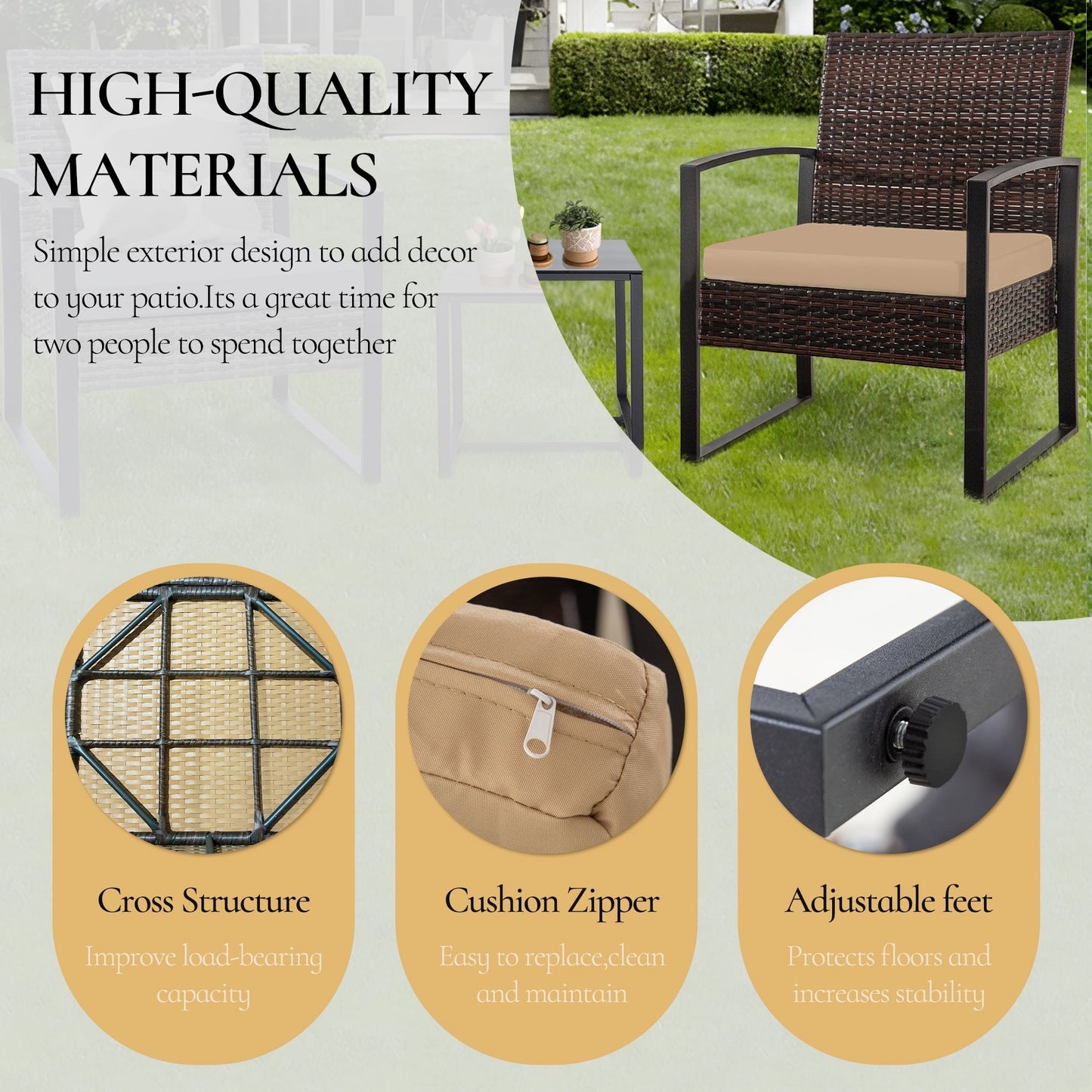 Set da conversazione per patio in vimini da 3 pezzi, sedie da esterno con cuscini