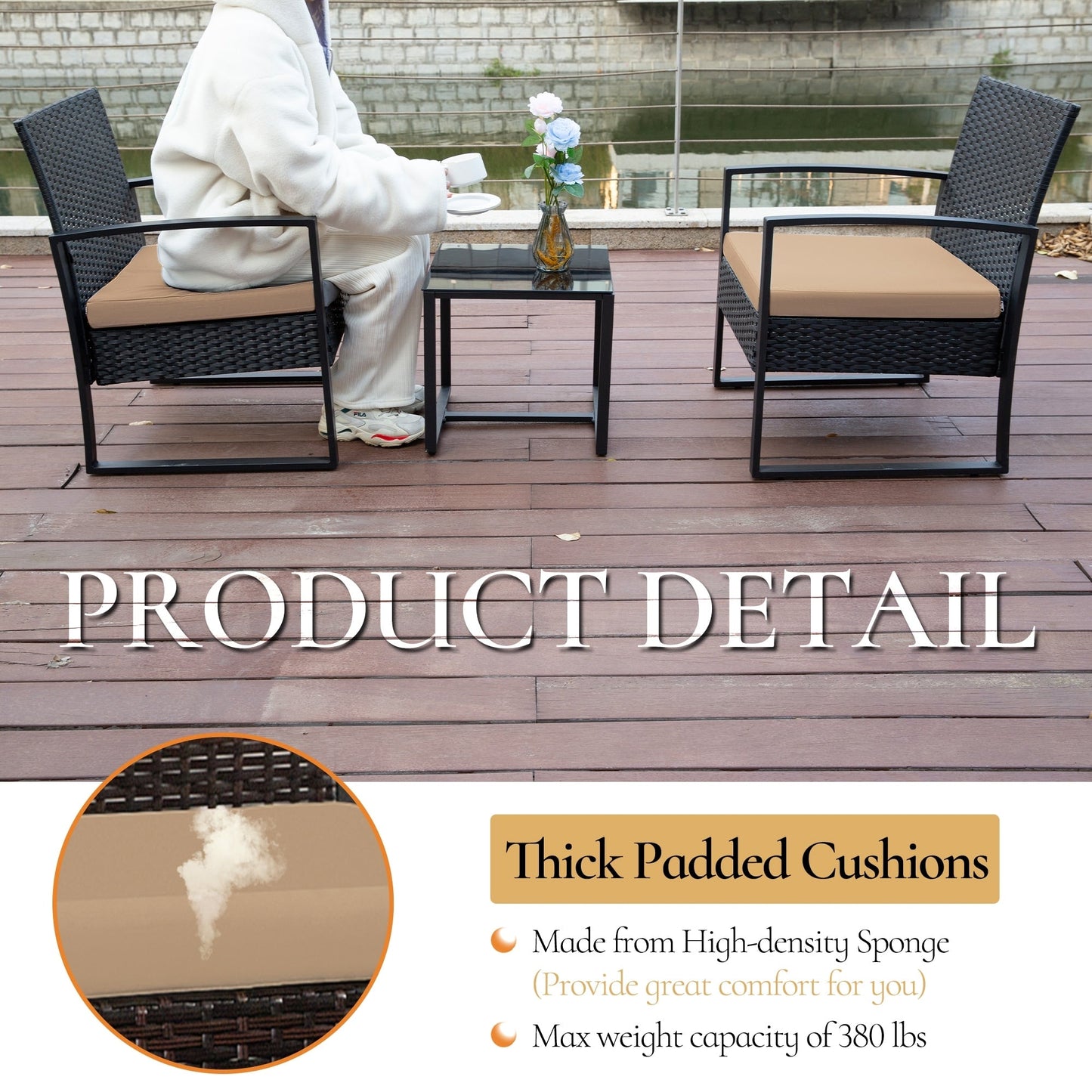 Set da conversazione per patio in vimini da 3 pezzi, sedie da esterno con cuscini