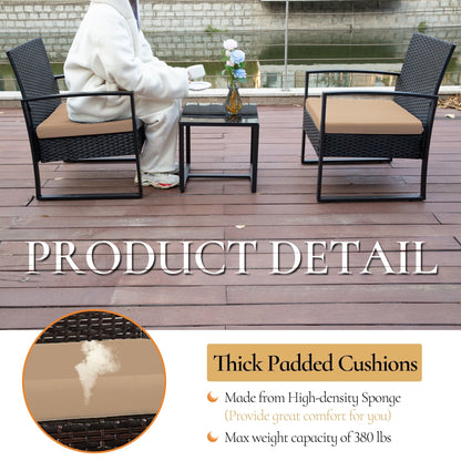 Set da conversazione per patio in vimini da 3 pezzi, sedie da esterno con cuscini