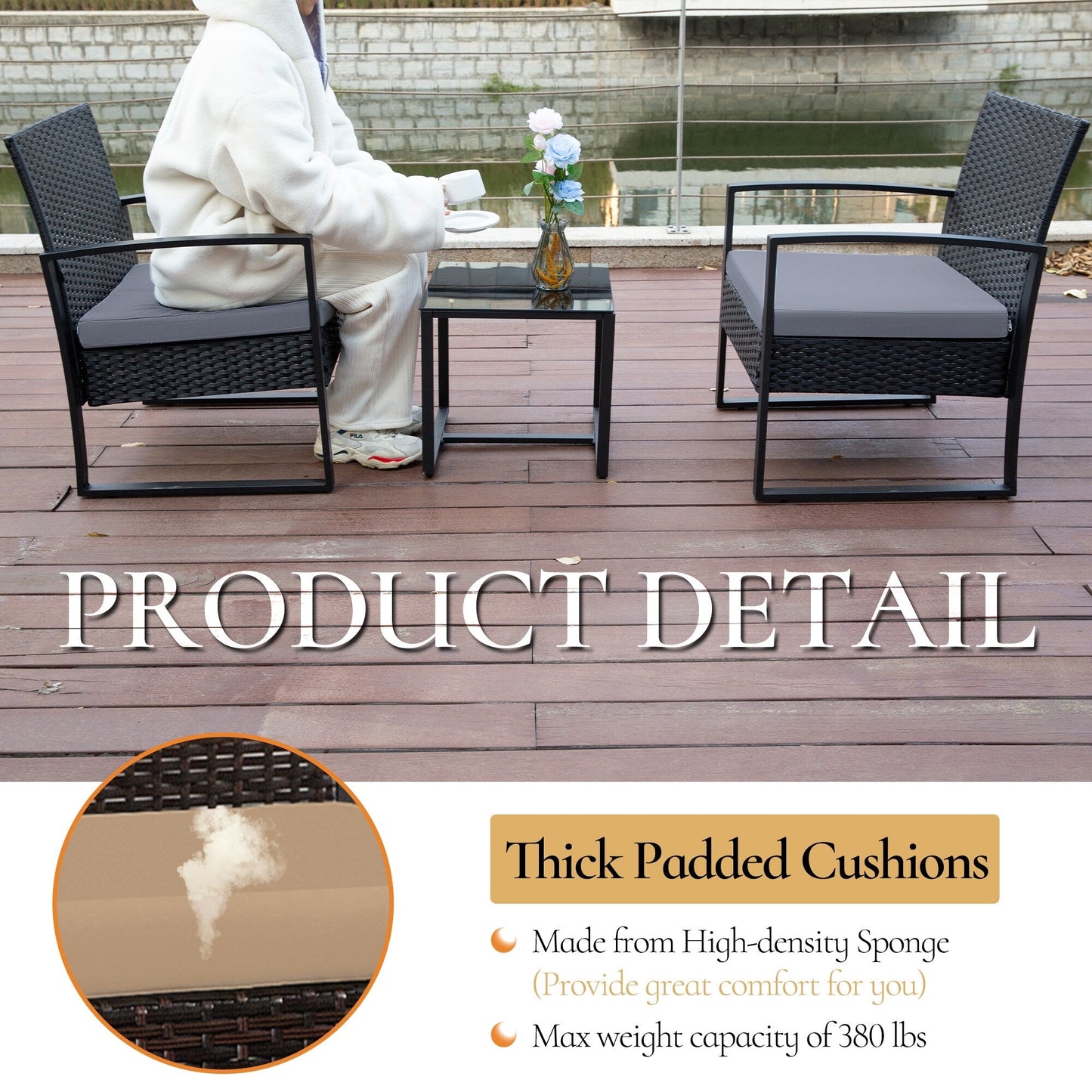 Set da conversazione per patio in vimini da 3 pezzi, sedie da esterno con cuscini