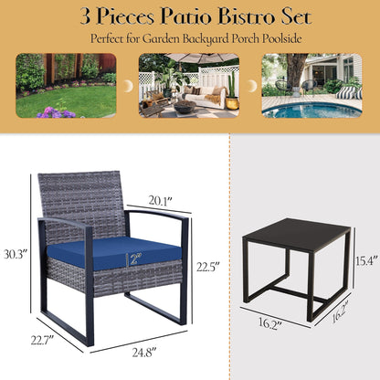 Set da conversazione per patio in vimini da 3 pezzi, sedie da esterno con cuscini