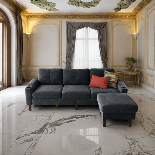 Divano a L a 3 posti con poggiapiedi e mobiletto contenitore per soggiorno, grigio scuro