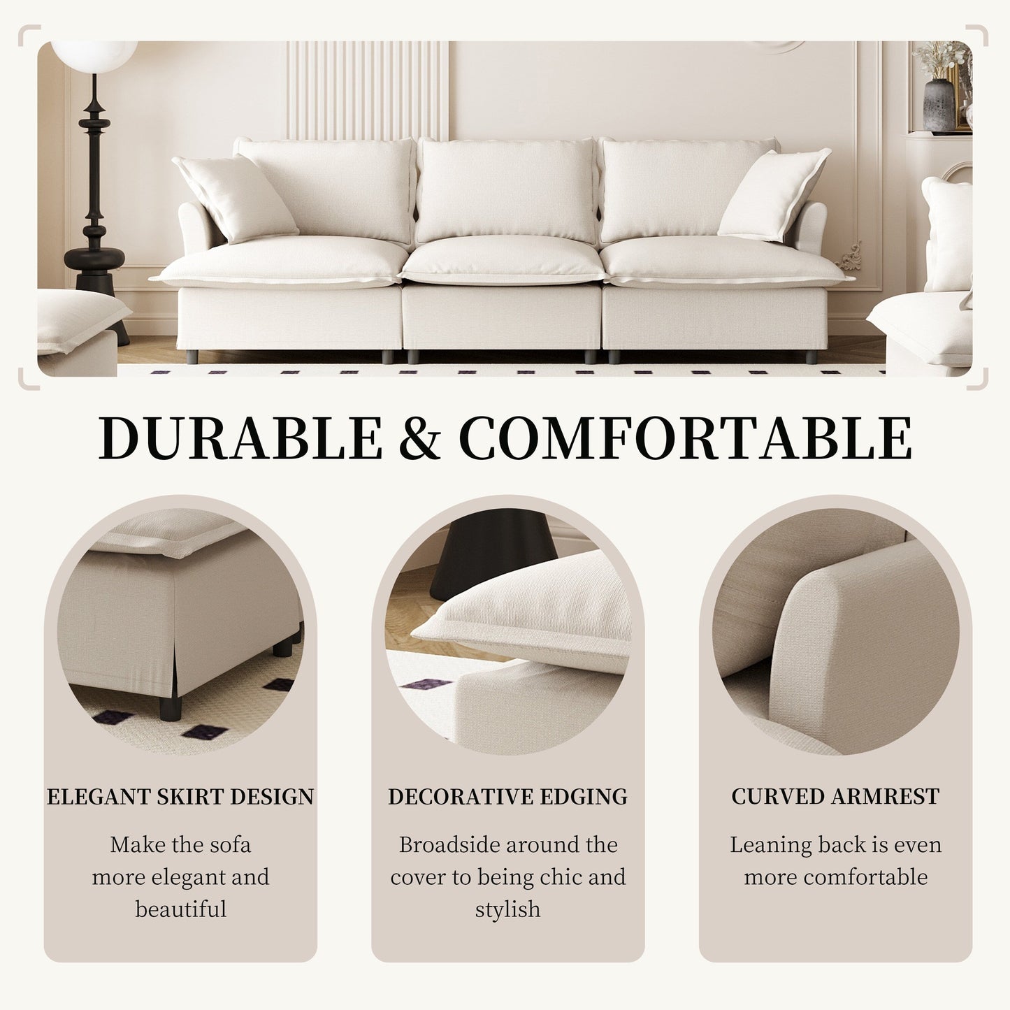 Modulo divano a 3 posti per divano componibile modulare, seduta ampia, divano a nuvola in ciniglia con cuscini decorativi