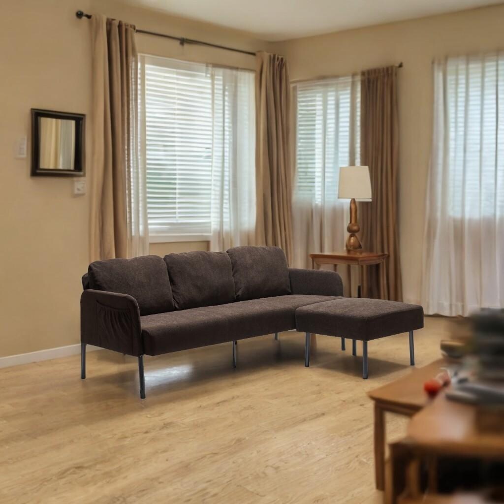 Divano a 3 posti a L in tessuto di poliestere con pouf, divano moderno imbottito, comodi divani piccoli per piccoli spazi