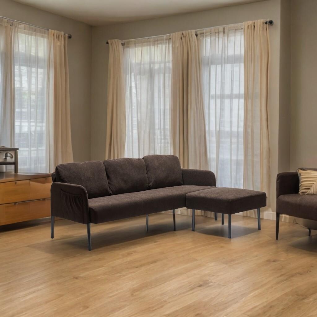 Divano a 3 posti a L in tessuto di poliestere con pouf, divano moderno imbottito, comodi divani piccoli per piccoli spazi