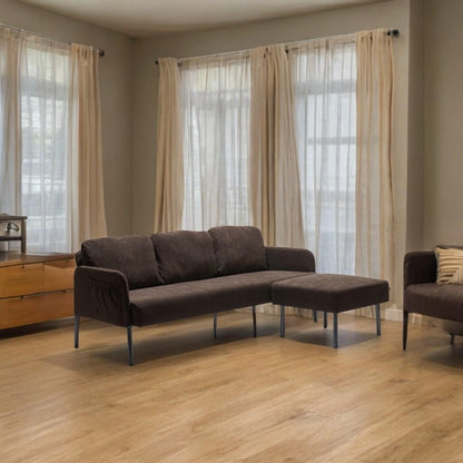 Divano a 3 posti a L in tessuto di poliestere con pouf, divano moderno imbottito, comodi divani piccoli per piccoli spazi