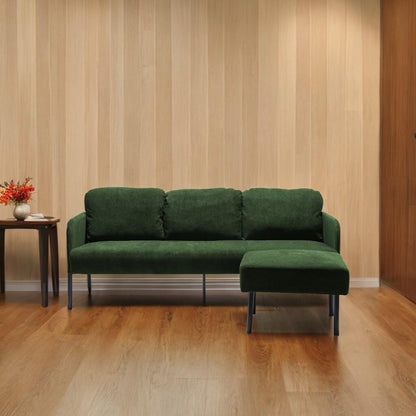 Divano a 3 posti a L in tessuto di poliestere con pouf, divano moderno imbottito, comodi divani piccoli per piccoli spazi