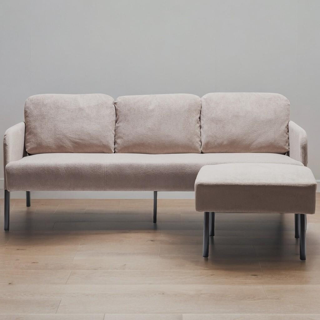 Divano a 3 posti a L in tessuto di poliestere con pouf, divano moderno imbottito, comodi divani piccoli per piccoli spazi