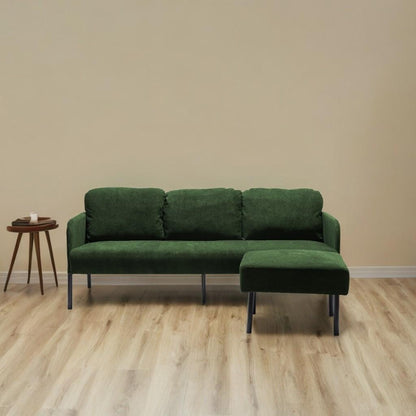 Divano a 3 posti a L in tessuto di poliestere con pouf, divano moderno imbottito, comodi divani piccoli per piccoli spazi