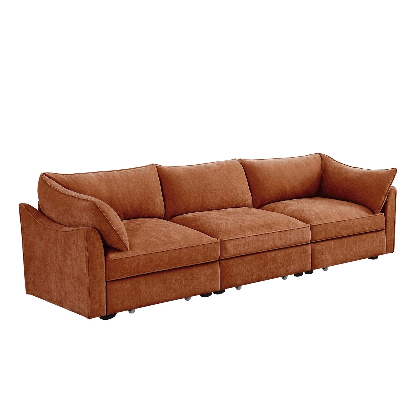 Divano a 3 posti ampio, largo e profondo con cassetti estraibili sotto ogni seduta, braccioli a forma di mezzaluna e schienale avvolgente