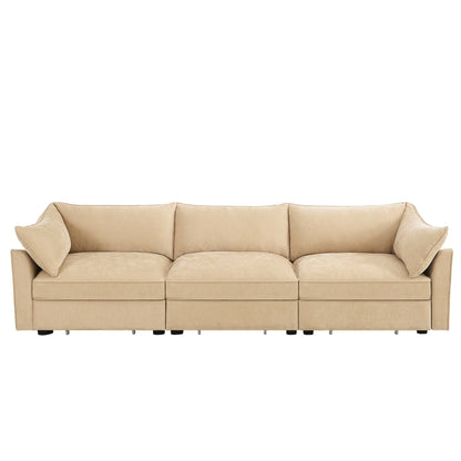 Divano a 3 posti ampio, largo e profondo con cassetti estraibili sotto ogni seduta, braccioli a forma di mezzaluna e schienale avvolgente