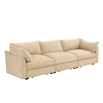 Divano a 3 posti ampio, largo e profondo con cassetti estraibili sotto ogni seduta, braccioli a forma di mezzaluna e schienale avvolgente