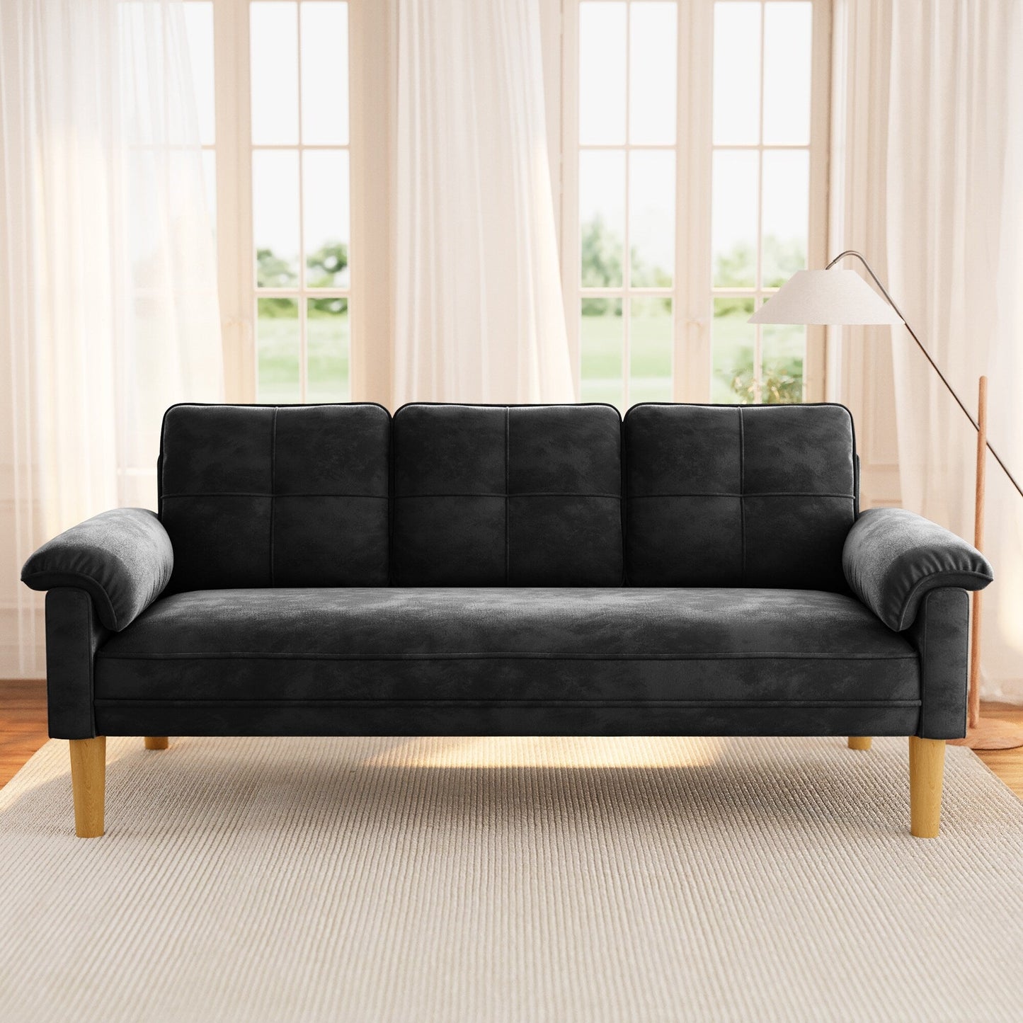 Divano moderno imbottito a 3 posti, divano trasformabile, divano letto con robuste gambe in legno per soggiorno