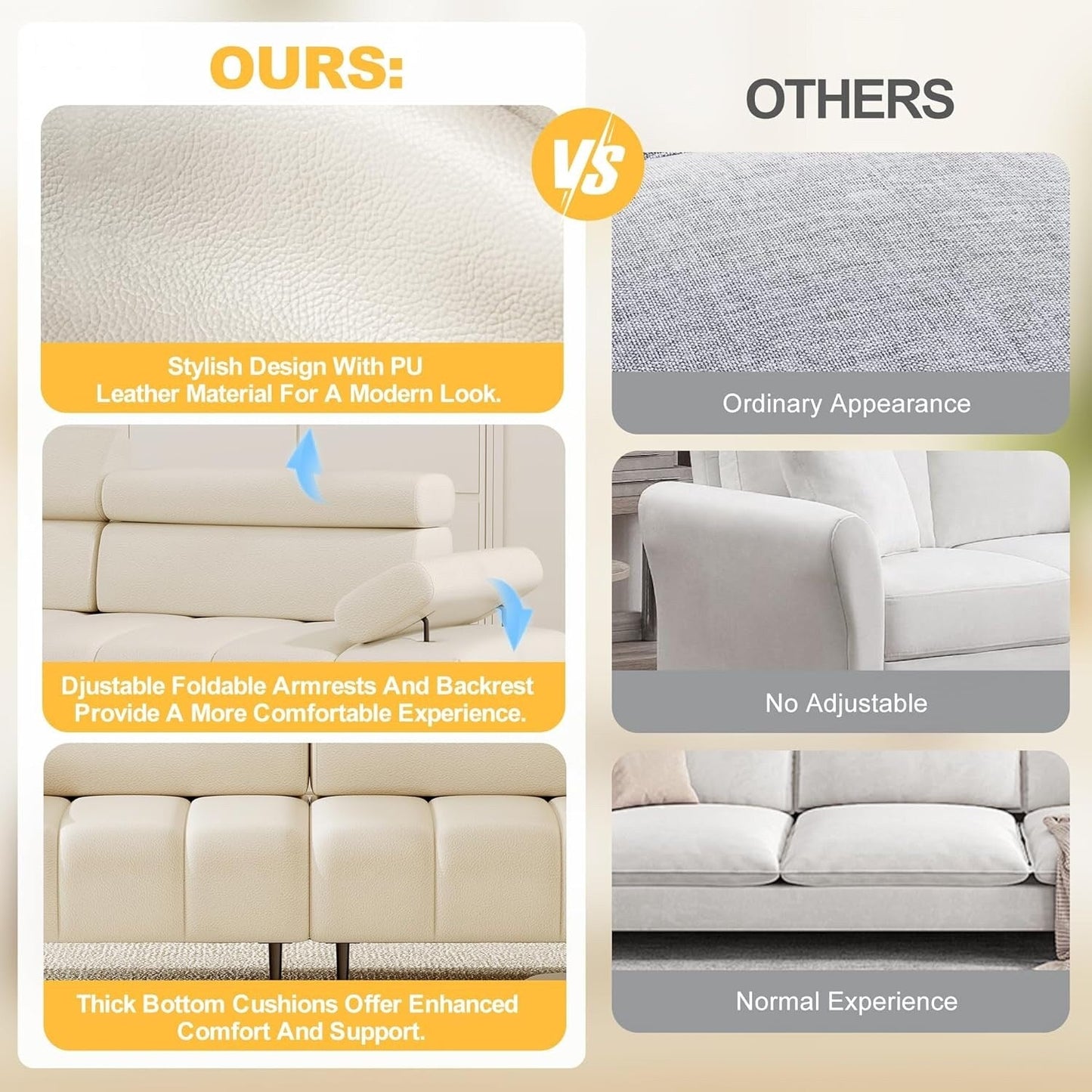 Divano letto a 3 posti, divani letto futon in similpelle, schienali e braccioli regolabili