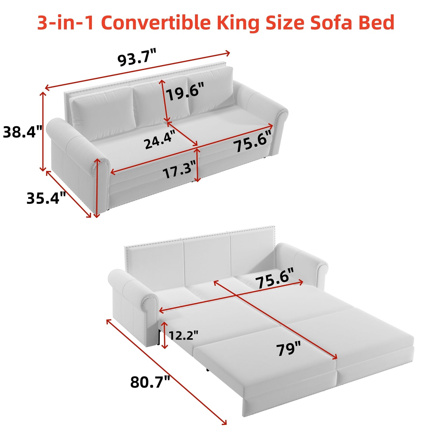 Divano letto king size convertibile 3 in 1 con finiture in borchie e bracciolo arrotolato