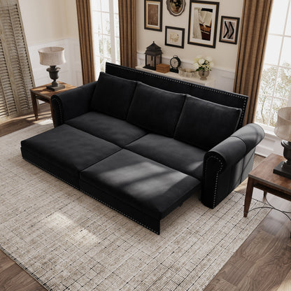 Divano letto king size convertibile 3 in 1 con finiture in borchie e bracciolo arrotolato