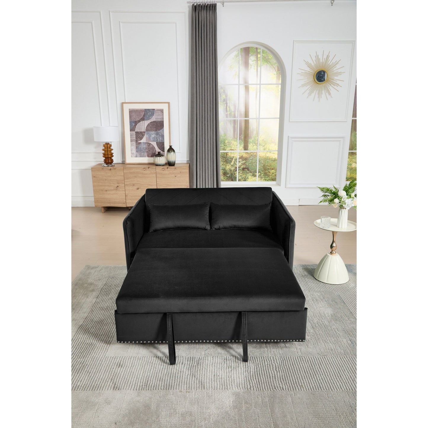 Divano letto futon trasformabile 3 in 1, 55 divani a due posti con 2 cuscini, porte USB e tasche laterali