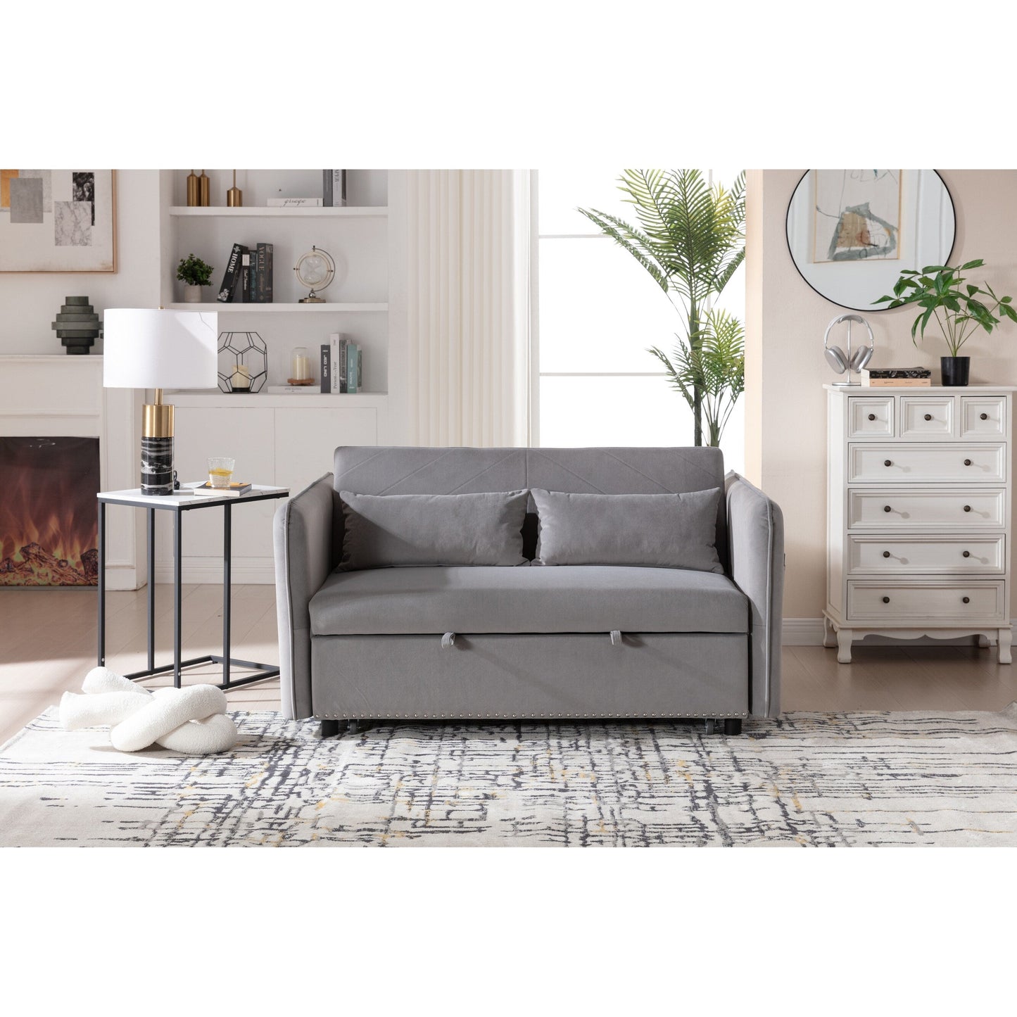 Divano letto futon trasformabile 3 in 1, 55 divani a due posti con 2 cuscini, porte USB e tasche laterali