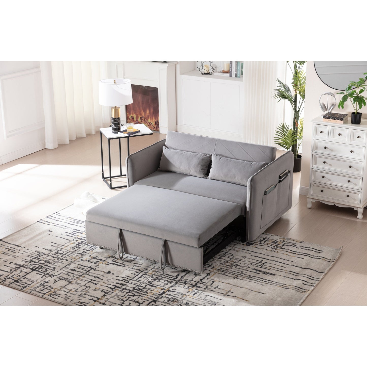 Divano letto futon trasformabile 3 in 1, 55 divani a due posti con 2 cuscini, porte USB e tasche laterali