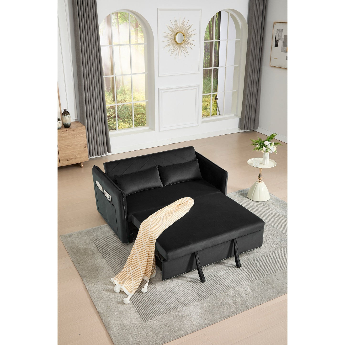 Divano letto futon trasformabile 3 in 1, 55 divani a due posti con 2 cuscini, porte USB e tasche laterali