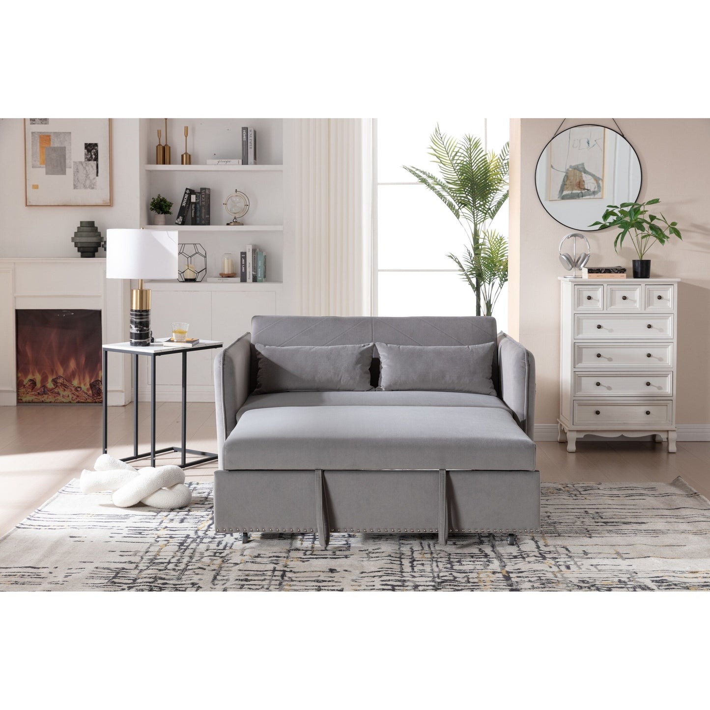 Divano letto futon trasformabile 3 in 1, 55 divani a due posti con 2 cuscini, porte USB e tasche laterali