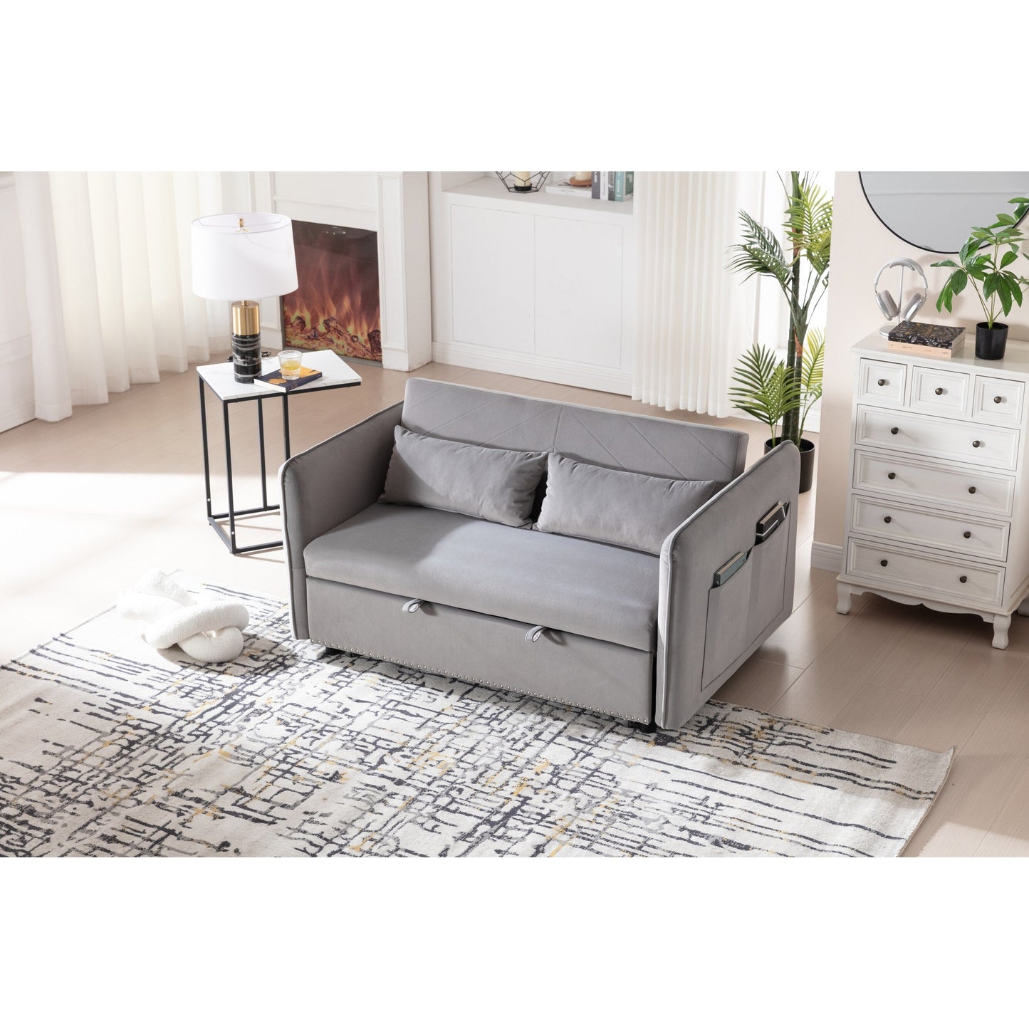 Divano letto futon trasformabile 3 in 1, 55 divani a due posti con 2 cuscini, porte USB e tasche laterali